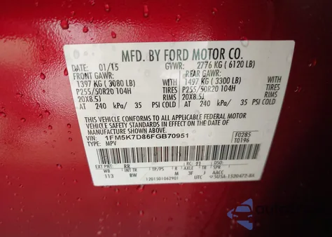 2015 Ford Explorer Xlt from USA, damaged, VIN 1FM5K7D86FGB70951